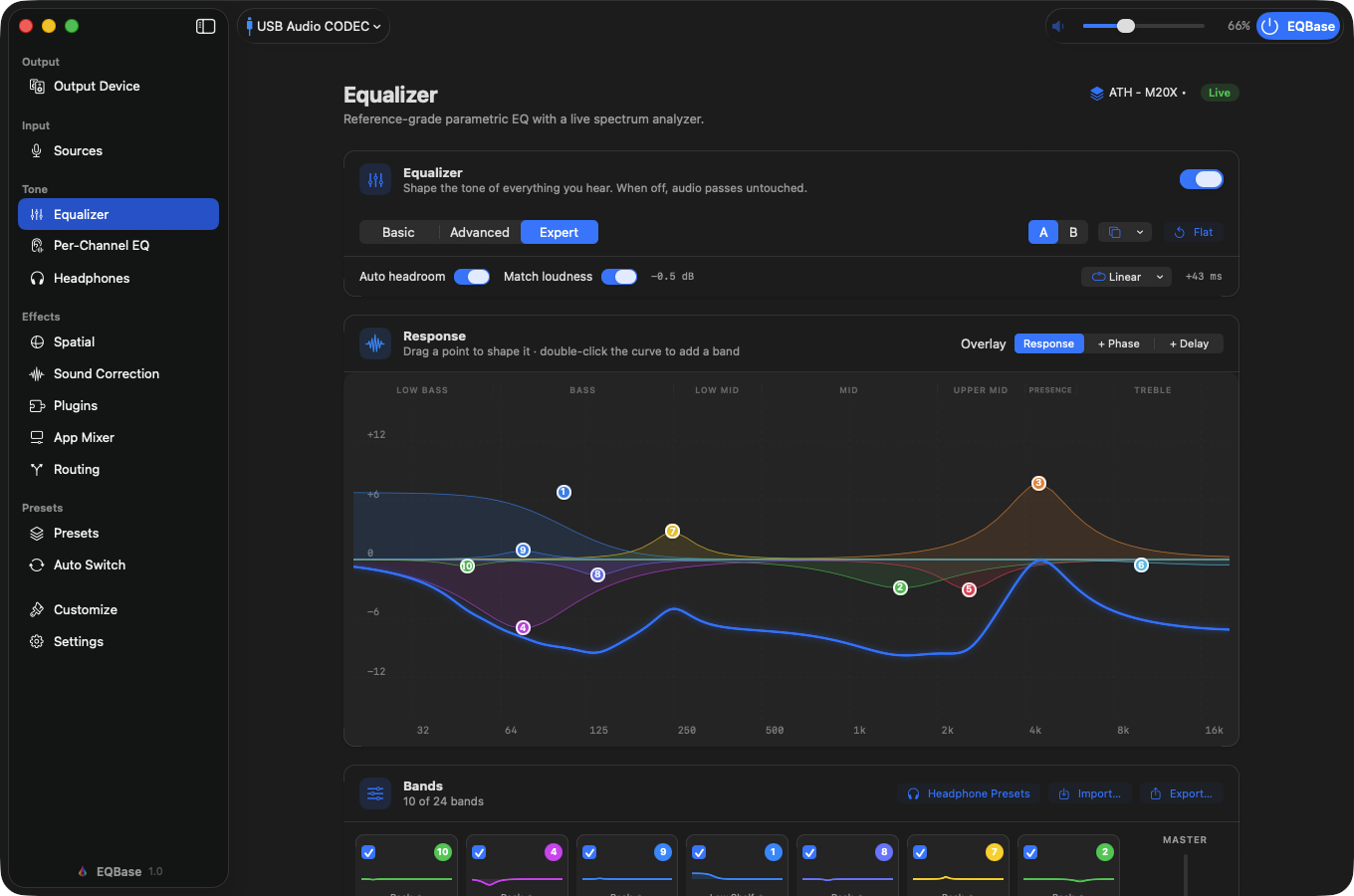 The EQBase main window: a 24-band parametric equalizer with a colorful response curve, headphone correction active, and a sidebar of audio tools.