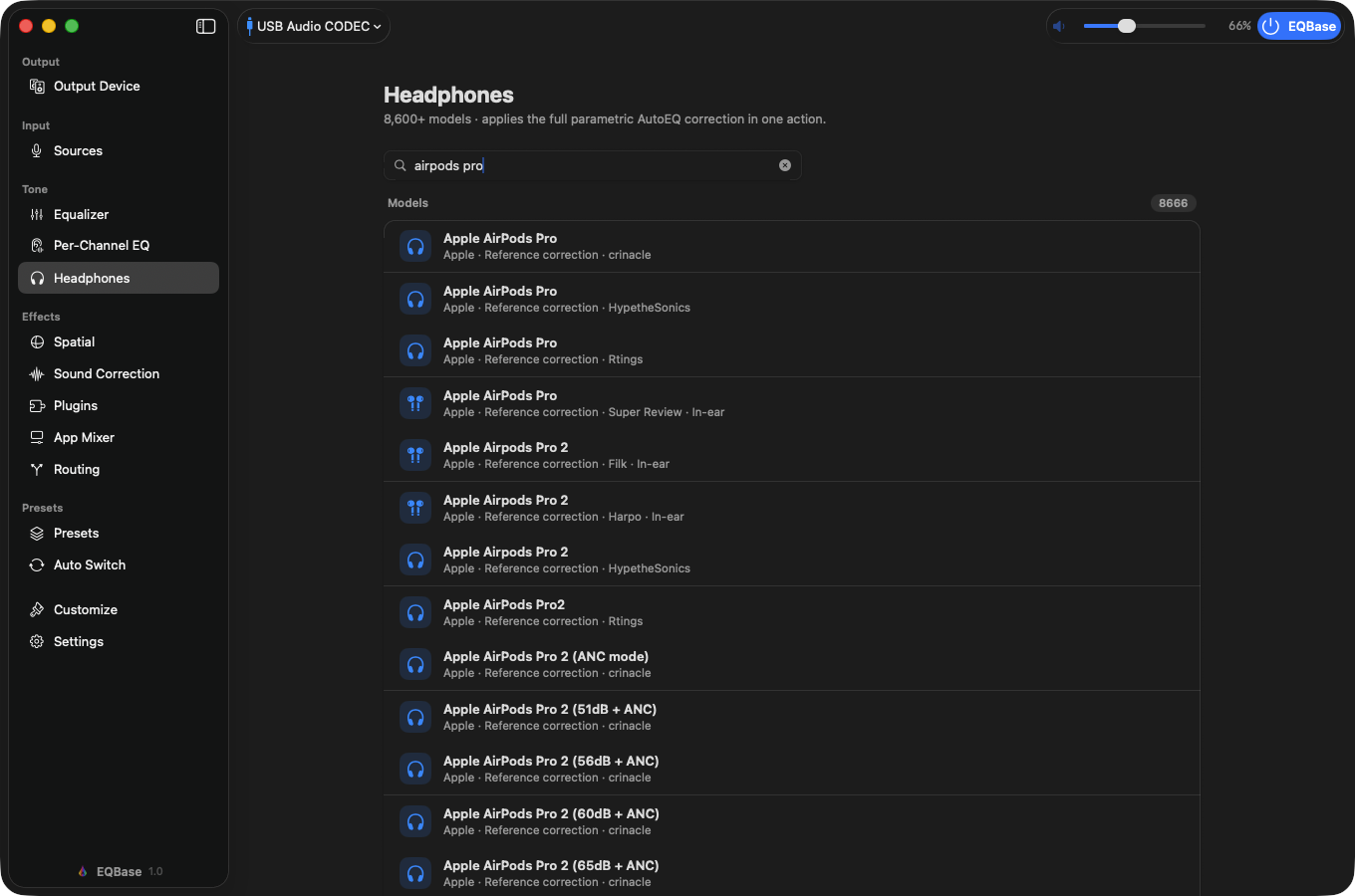 The Headphones pane with a search for AirPods Pro showing measured correction profiles.