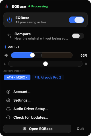 The EQBase menu-bar popover with a master toggle, Compare switch, output volume, and active preset.