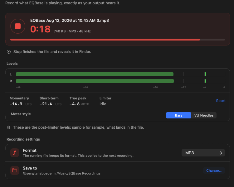 The Recording pane mid-recording: a running timer, the file size and format, and post-limiter level meters showing exactly what is landing in the file.